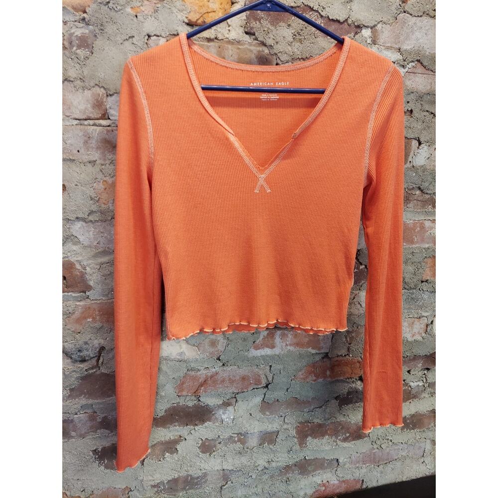American Eagle Womens Long Sleeve Waffle Thermal V Neck Cropped Top S Orange